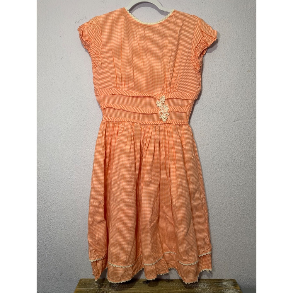 Vintage Cinderella Shirley Temple Orange Gingham Dress Lace 1950s Coquette S